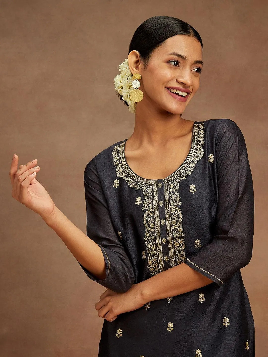 Libas Grey Embroidered Silk Straight Kurta
