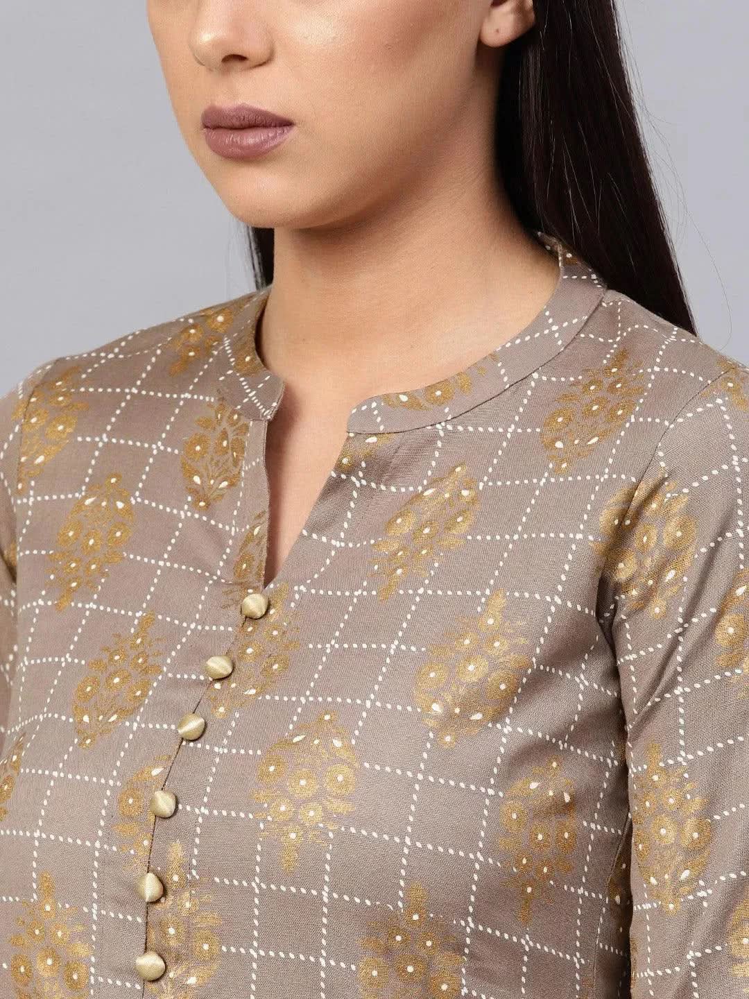 Libas Grey Printed Cotton A-Line Kurta With Palazzos