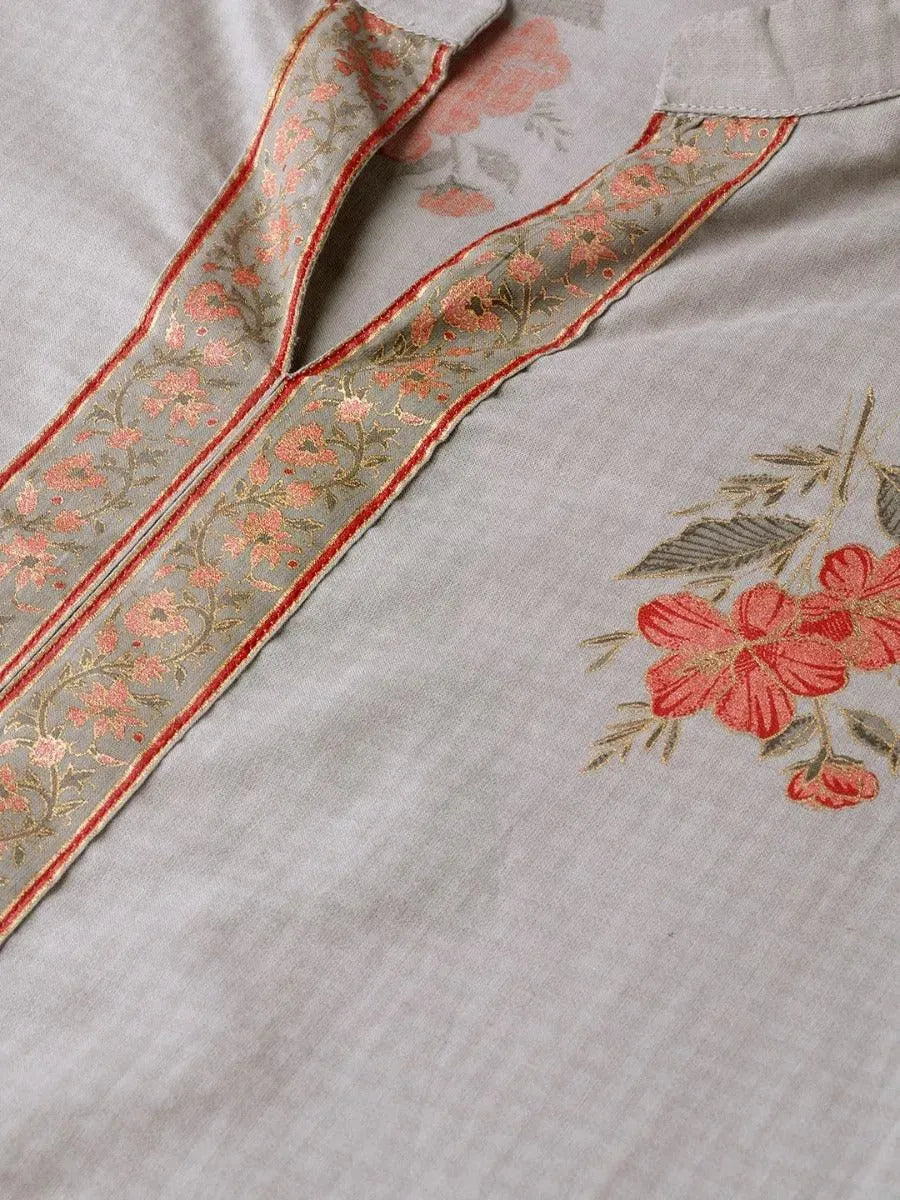 Libas Grey Printed Cotton Straight Kurta With Palazzos