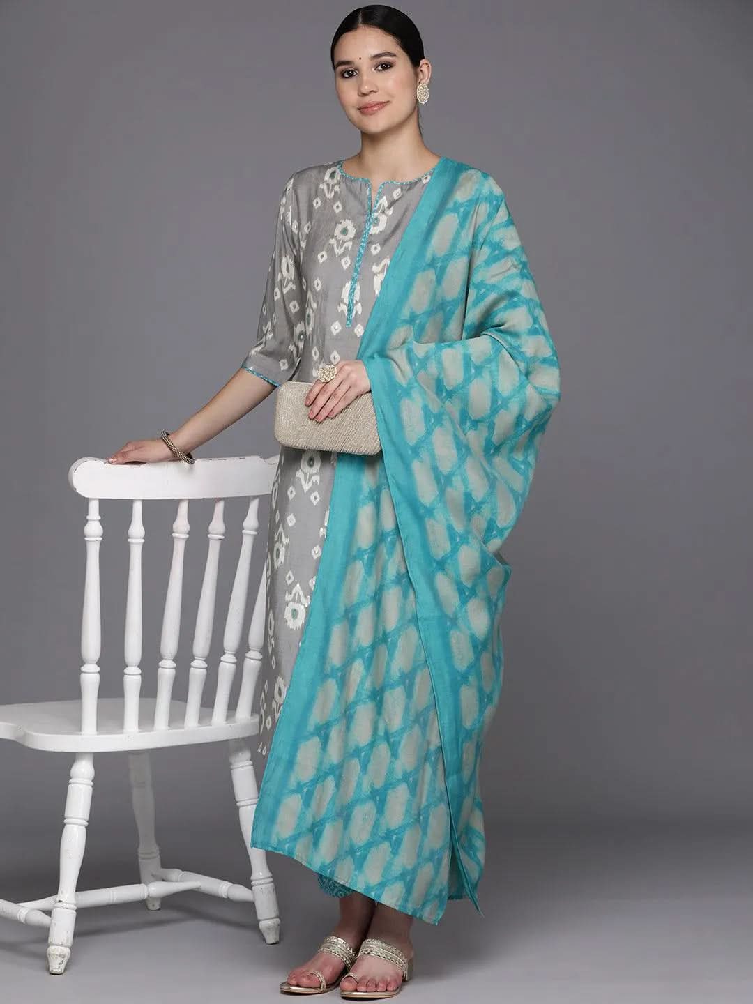 Libas Grey Printed Silk Blend Straight Kurta With Trousers & Dupatta