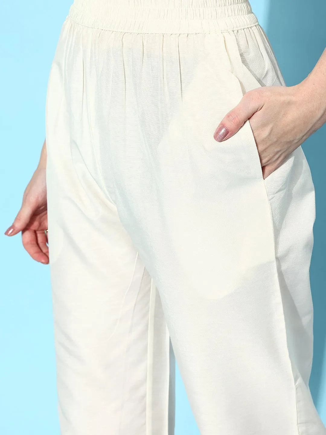 Libas Off White Solid Silk Trousers