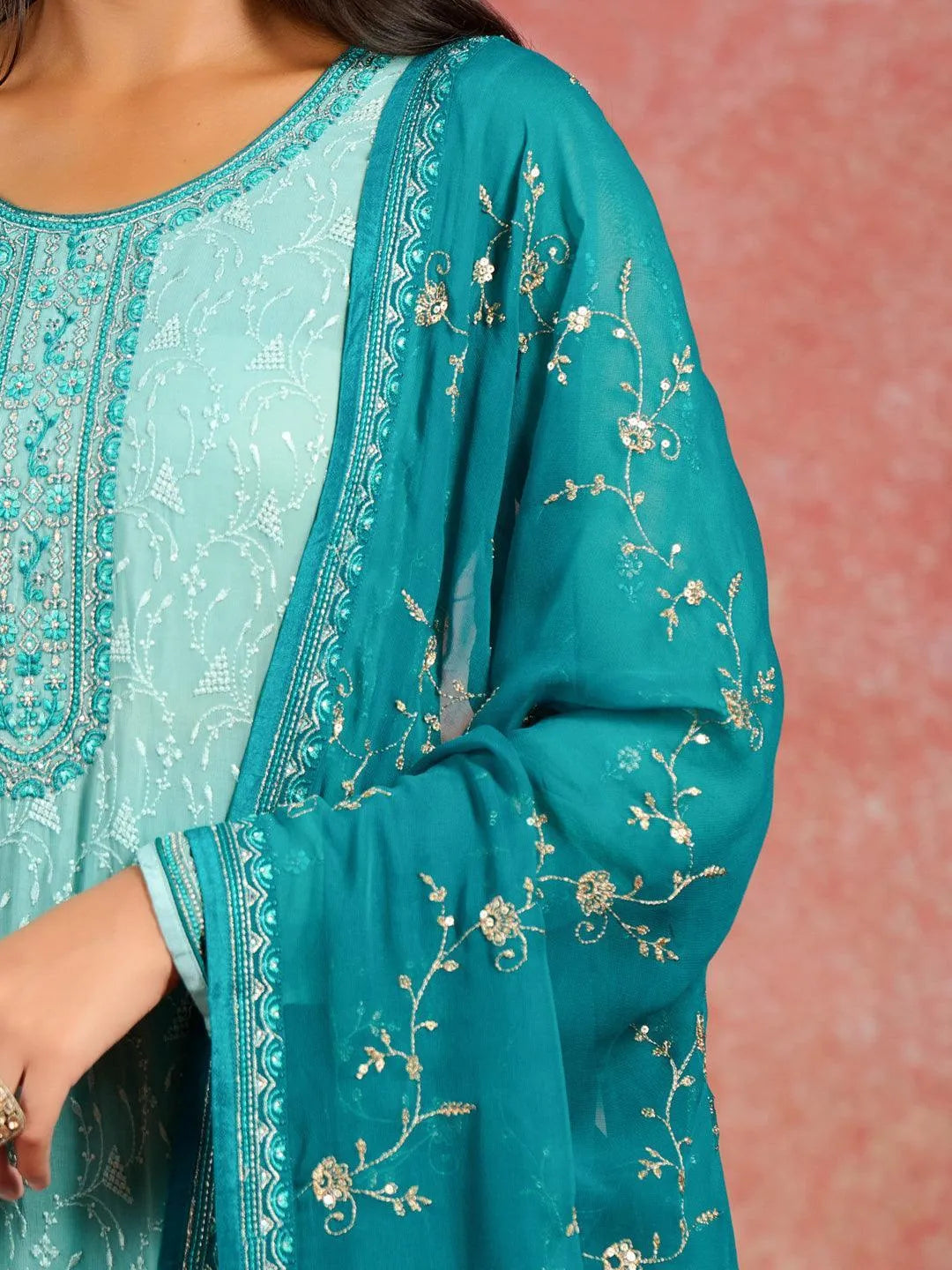 Libas Green Embroidered Georgette Straight Suit With Dupatta