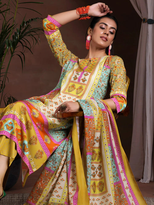 Libas Mustard Printed Poly Crepe Straight Suit With Dupatta
