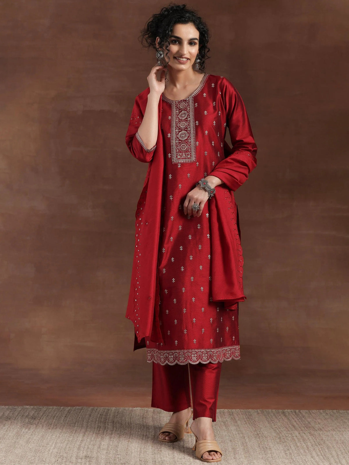 Gerua Red Embroidered Silk Blend Straight Suit With Dupatta