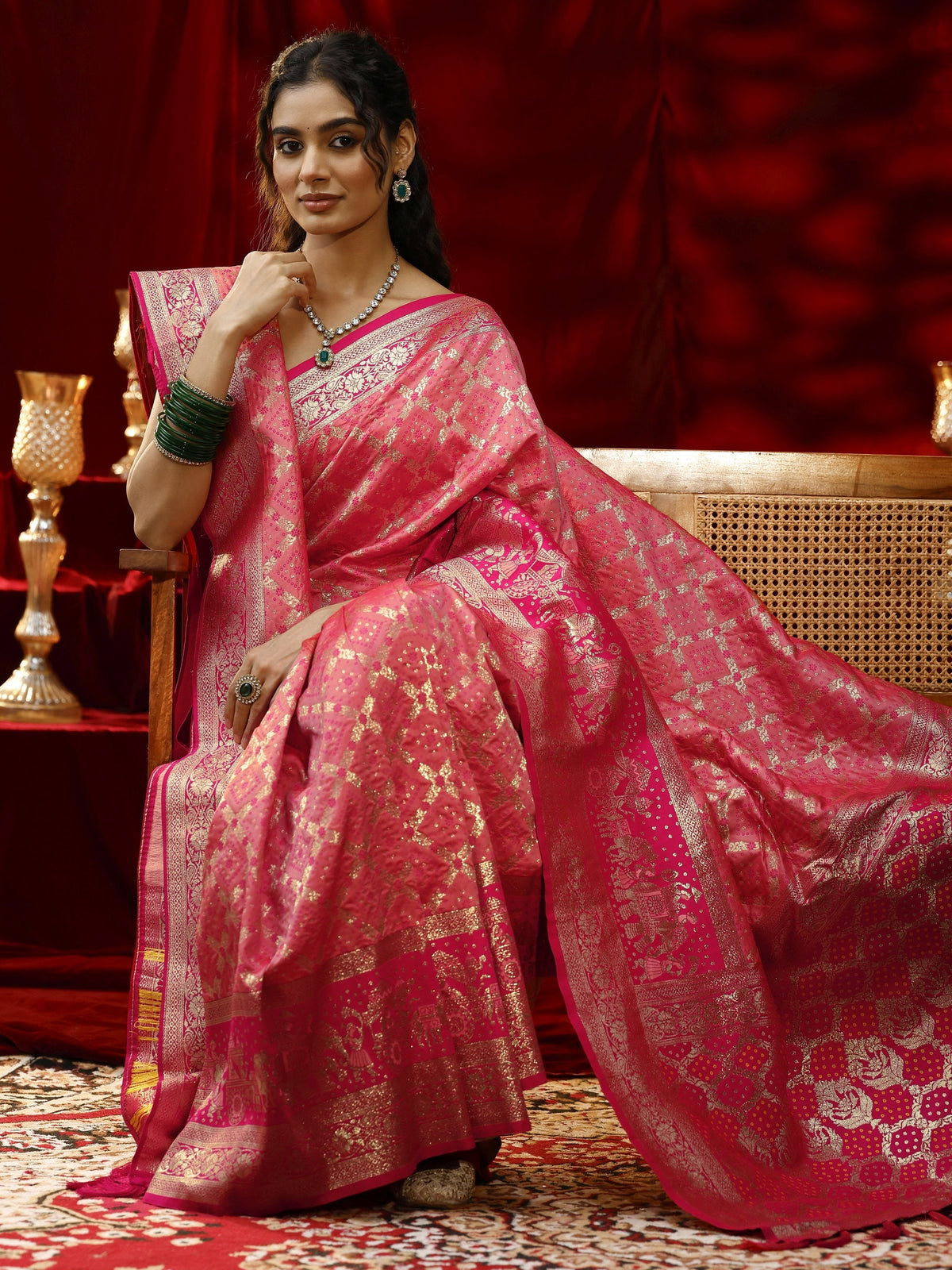 Libas Peach Badhani Woven Design Silk blend Saree with dupatta