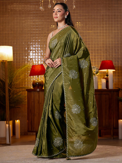 Libas Olive Green Floral Embroidered Silk Blend Saree