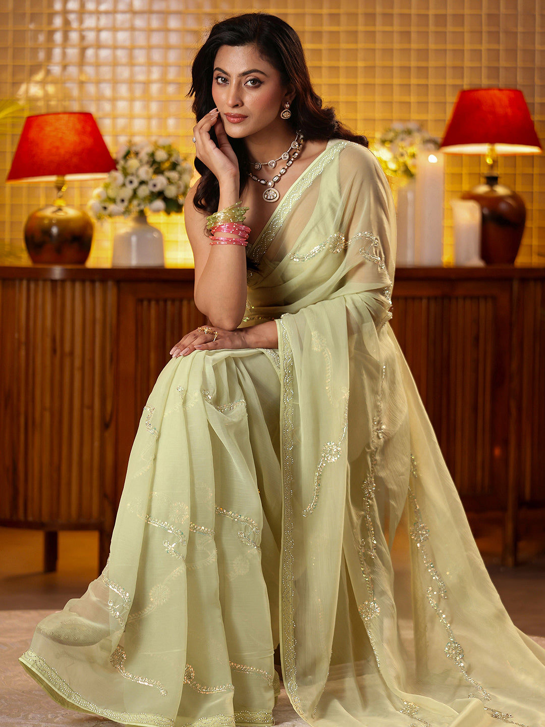 Libas Pista Green Floral Embellished Silk Blend Saree