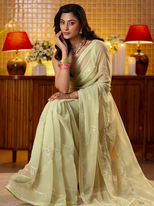 Libas Pista Green Floral Embellished Silk Blend Saree
