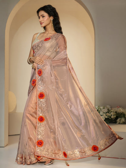 Libas Beige Floral Embellished Tissue Saree