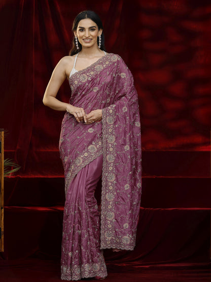 Libas Art Mauve Floral Embroidered Satin Saree