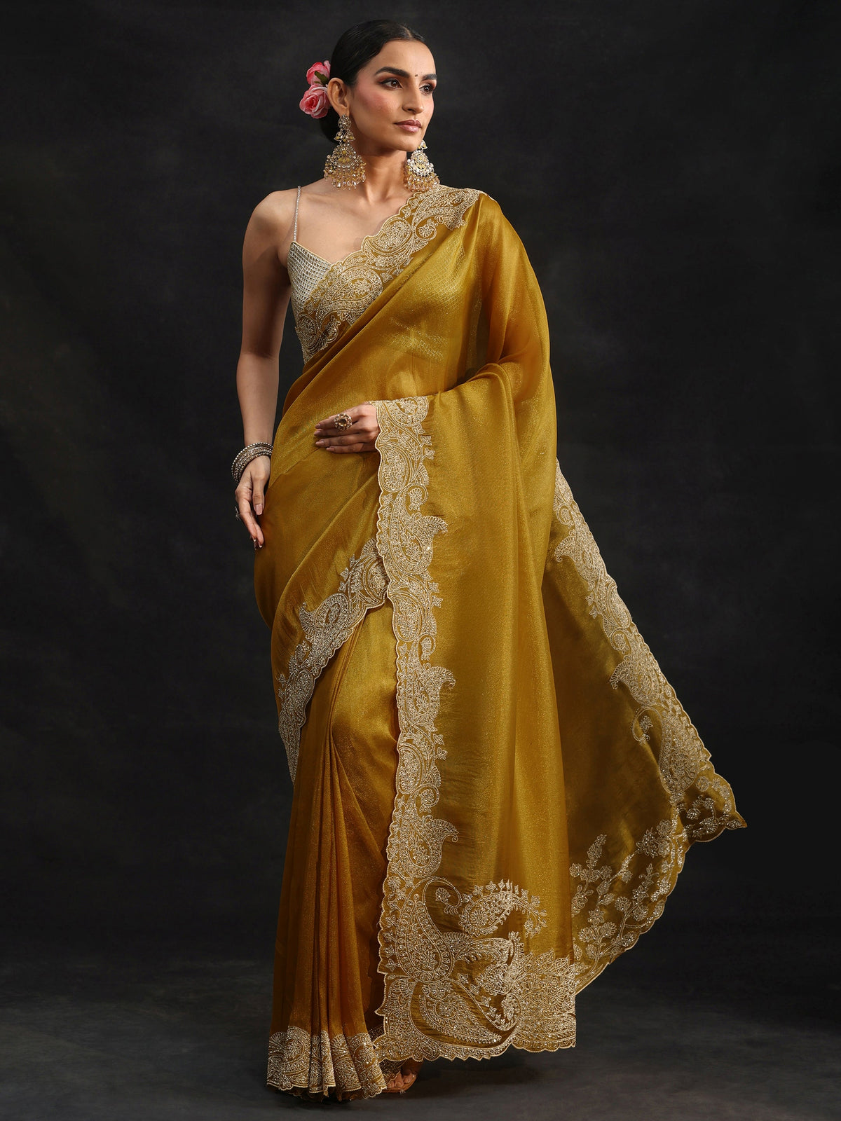 Libas Art Mustard Net Saree with Paisley Border