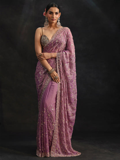 Libas Art Dusty Lavender Sequins Embellished Tissue Saree