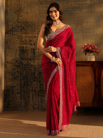 Libas Art Ruby Red Paisley Embroidered Georgette Saree