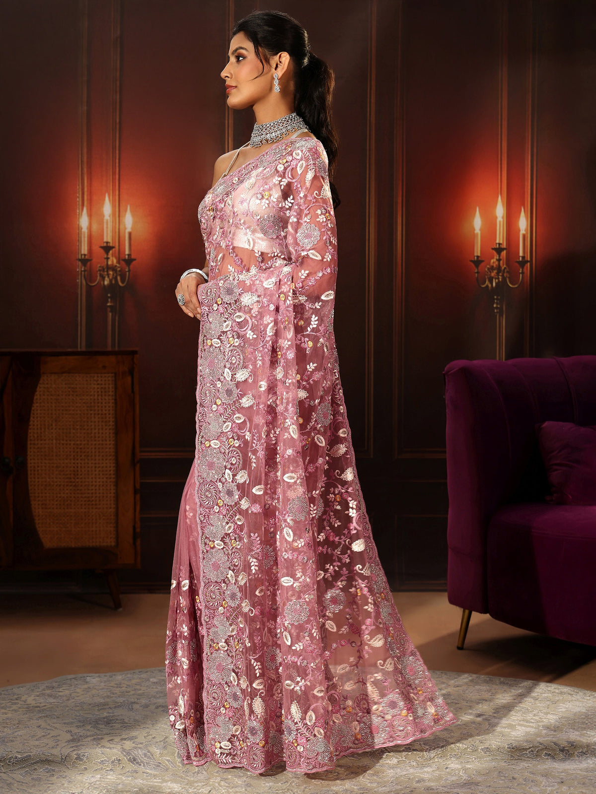 Libas Art Blush Pink Floral Embroidered Net Saree