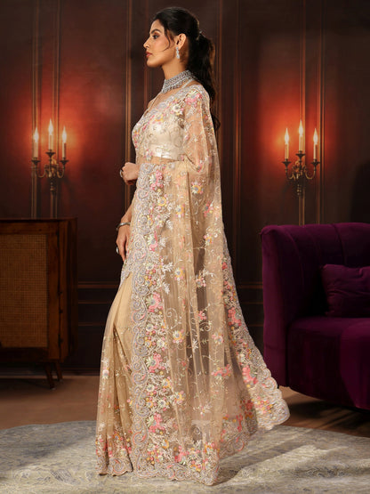 Libas Art Beige Floral Embroidered Net Saree