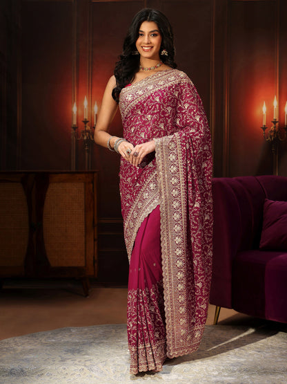 Libas Art Magenta Pink Floral Embroidered Georgette Saree