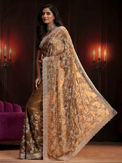 Libas Art Henna Green Floral Embellished Tissue Saree