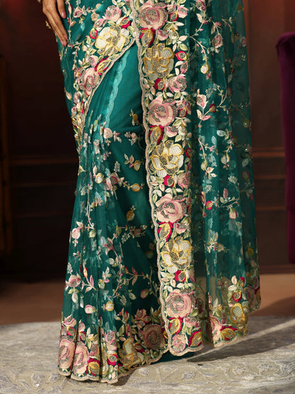 Libas Art Sea Green Floral Embroidered Net Saree