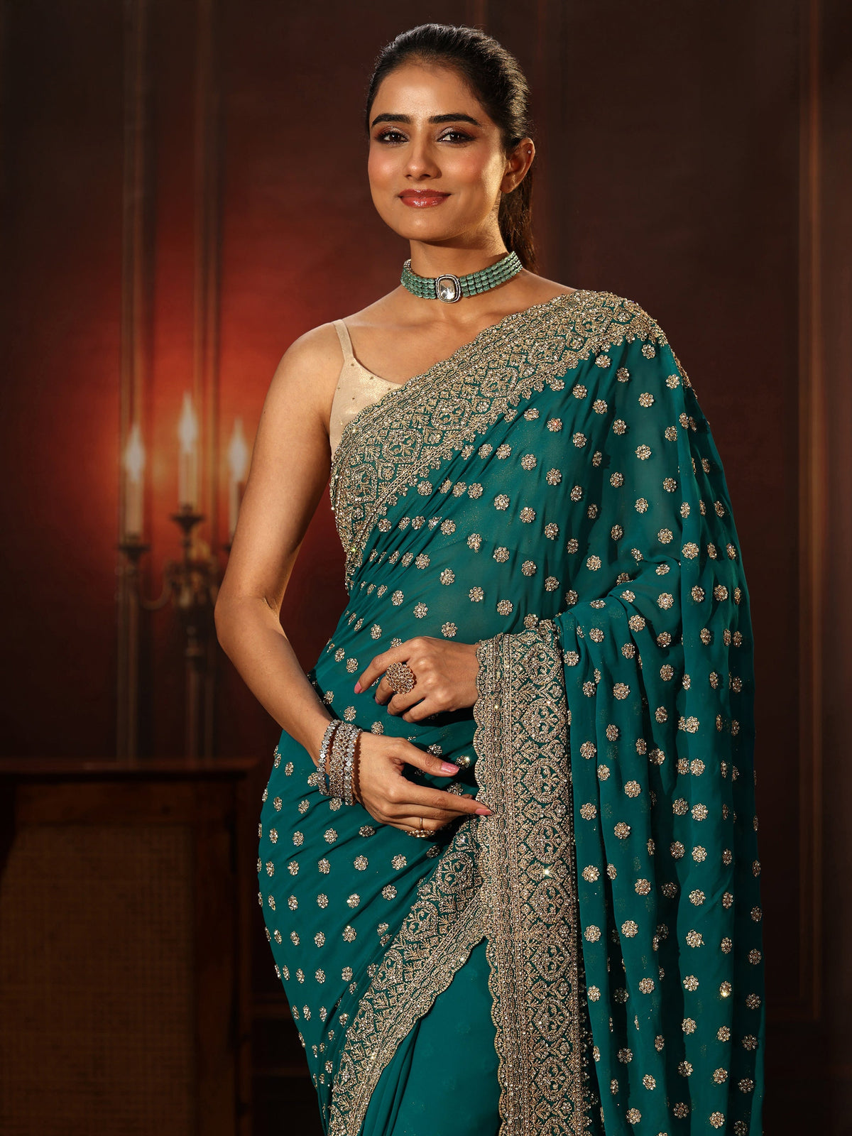 Libas Art Peacock Green Embellished Georgette Saree