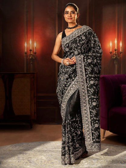 Libas Art Black Floral Embroidered Satin Saree