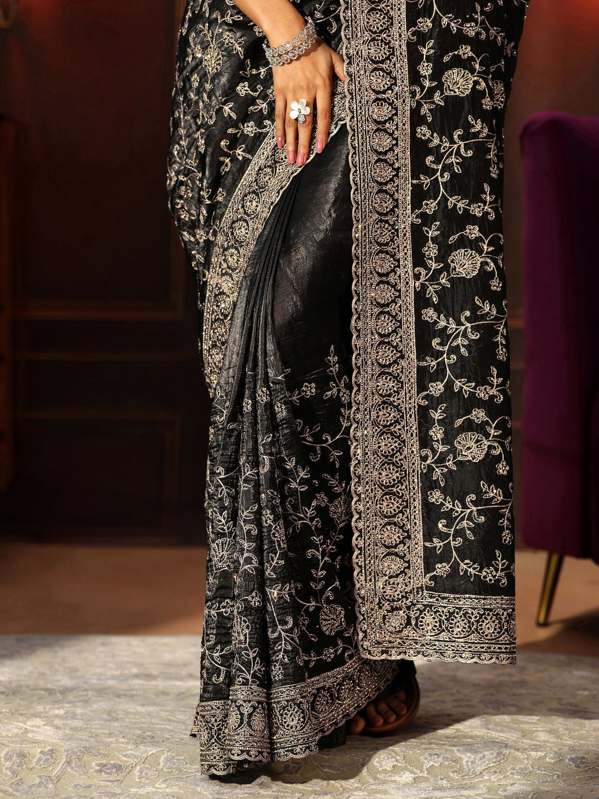 Libas Art Black Floral Embroidered Satin Saree
