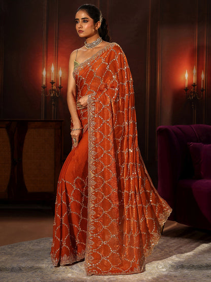 Libas Art Orange Embellished Tissue Saree