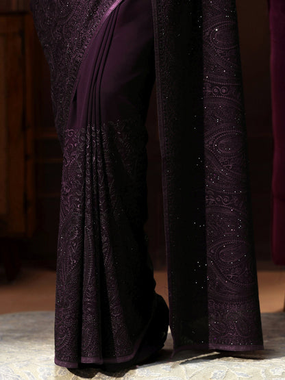Libas Art Aubergine Purple Paisley Embroidered Georgette Saree