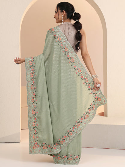 Libas Pista Green Striped Embellished Chiffon Saree with Floral Border