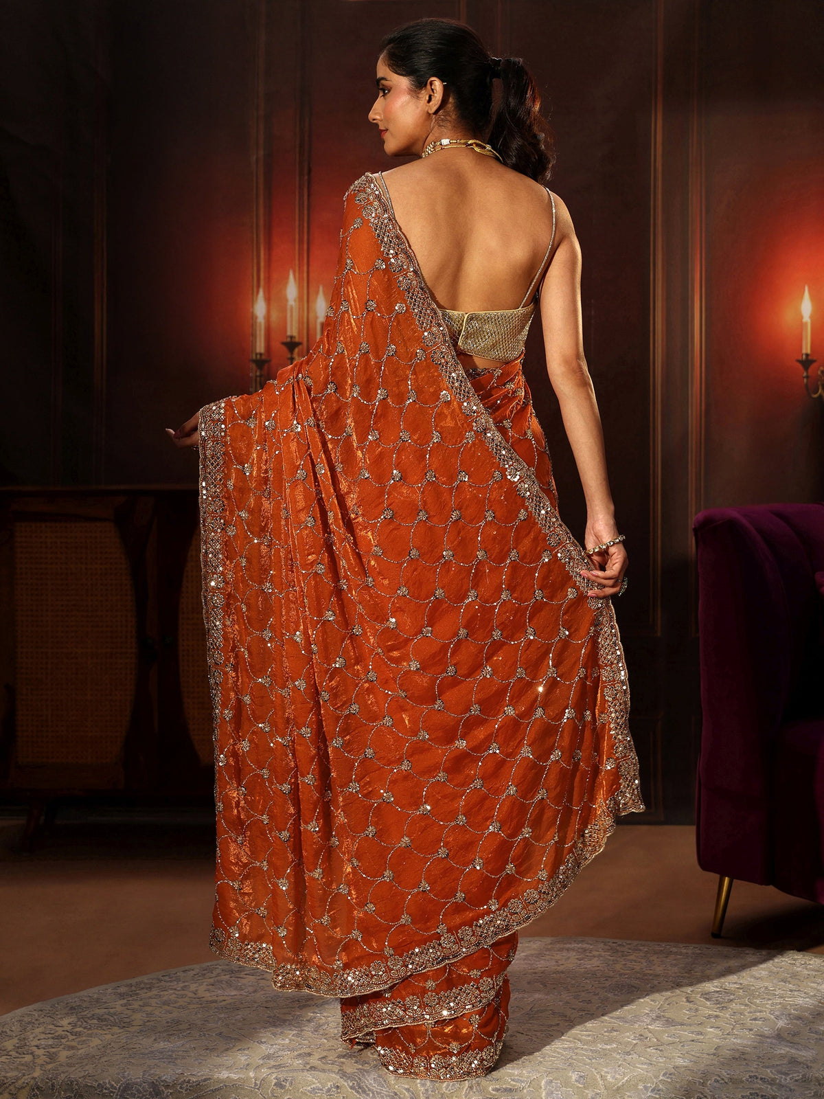 Libas Art Orange Embellished Tissue Saree