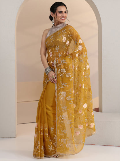Libas Mustard Floral Embroidered Chiffon Saree