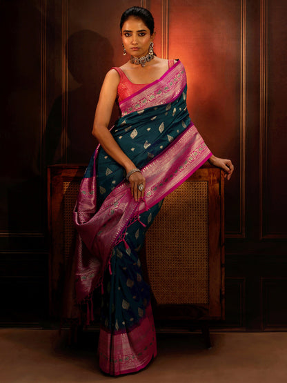 Libas Navy Blue Banarasi Silk Blend Saree