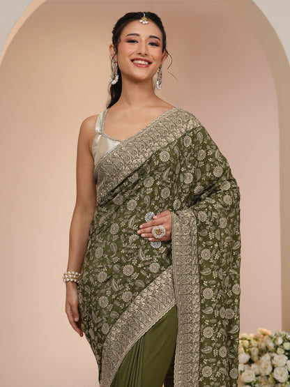 Libas Leaf Green Satin Saree with Floral Embellishments