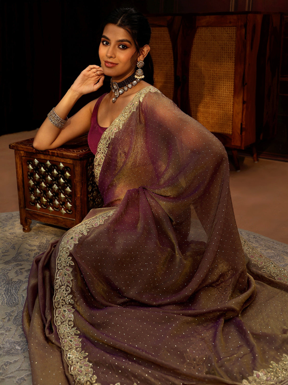 Libas Lavender Embellished Tissue Saree with Floral Border