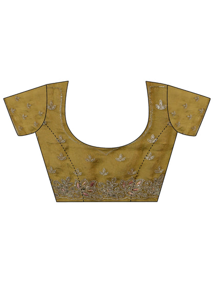 Libas Olive Green Embellished Tissue Saree with Floral Border