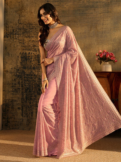 Libas Baby Pink Floral Embroidered Georgette Saree