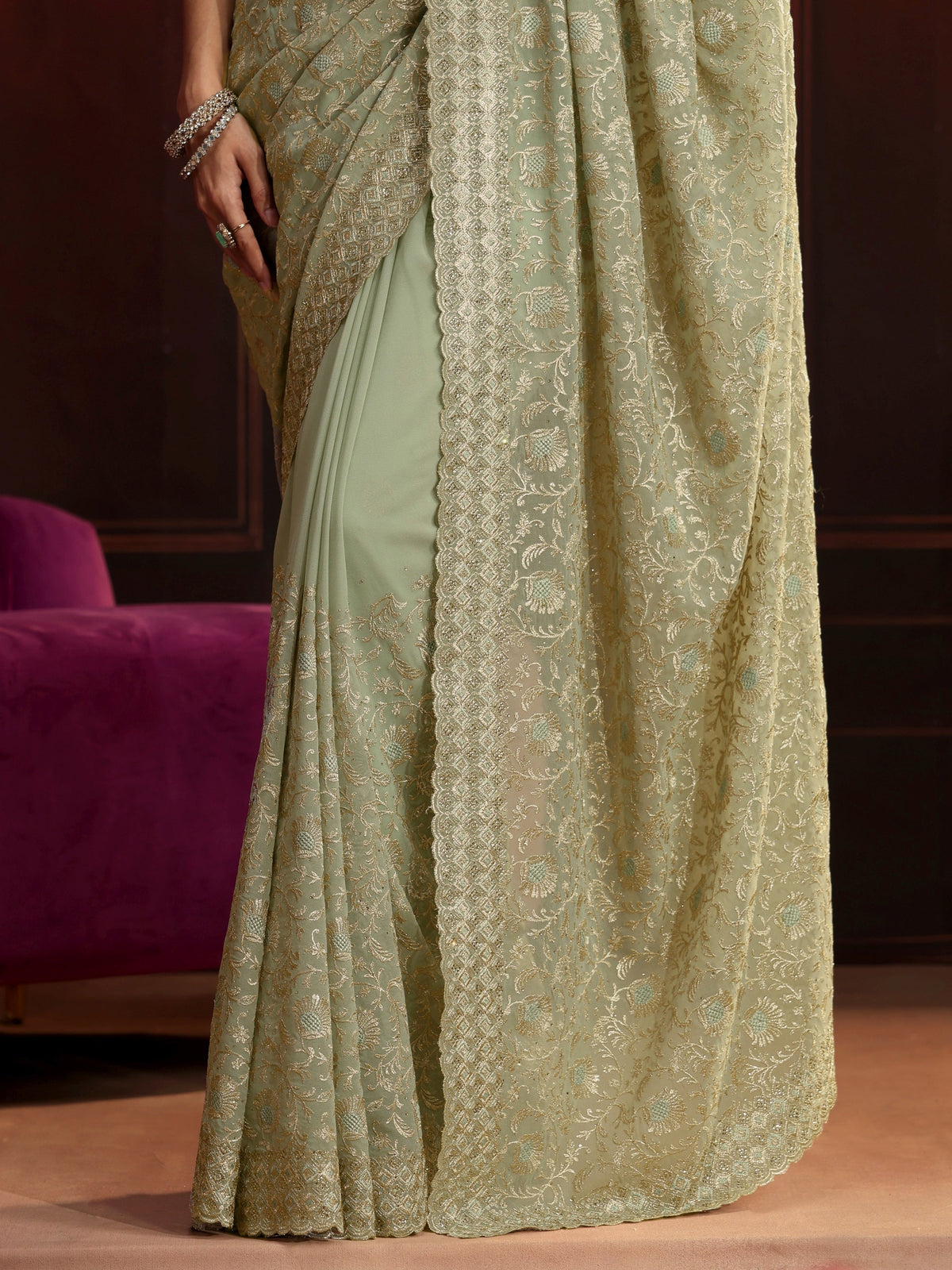 Libas Pista Green Embroidered Georgette Saree