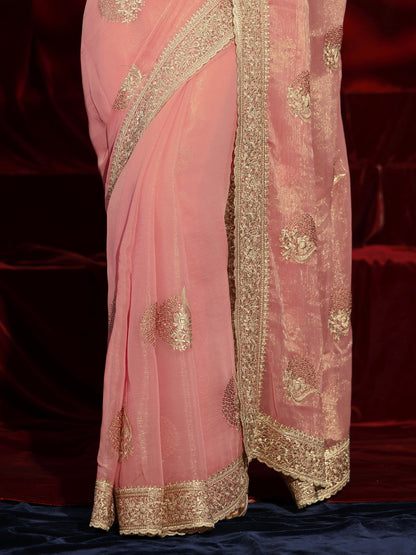 Libas Pink Floral Embroidered Chiffon Saree