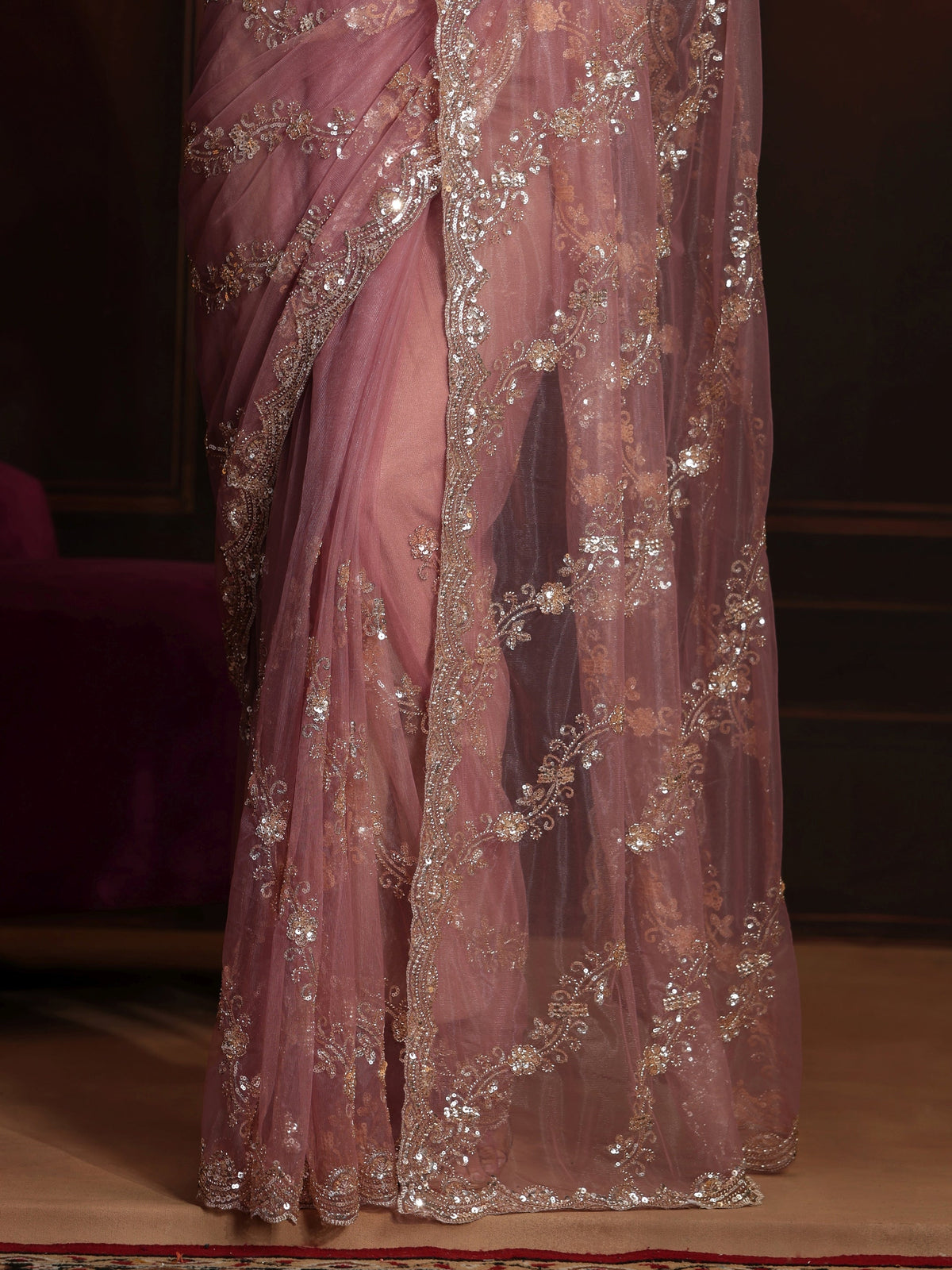 Libas Art Dusty Rose Pink Embellished Net Saree
