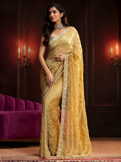 Libas Art Golden Embellished Organza Saree
