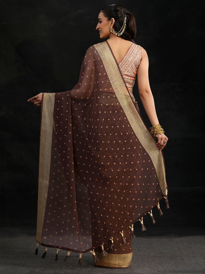 Libas Chocolate Brown Floral Printed Chiffon Saree