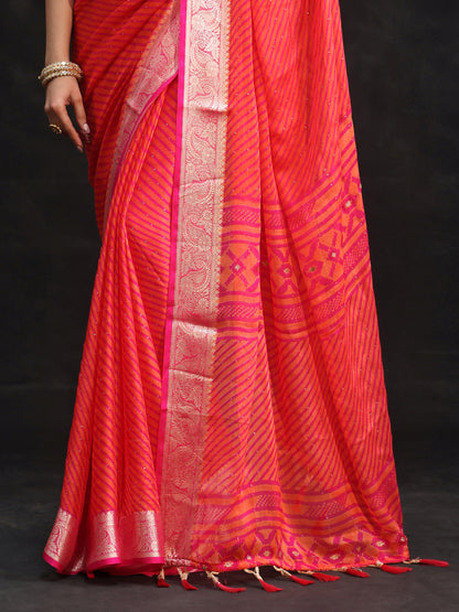 Libas Pink Striped Chiffon Saree with Paisley Border