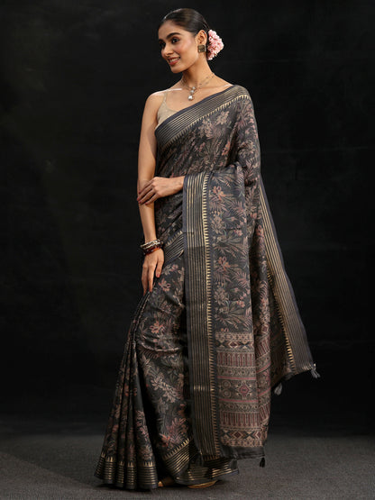 Libas Midnight Blue Floral Woven Design Silk Blend Saree