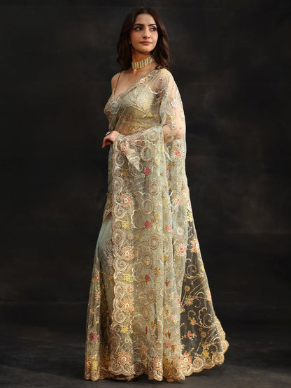 Libas Periwinkle Blue Floral Embroidered Net Saree