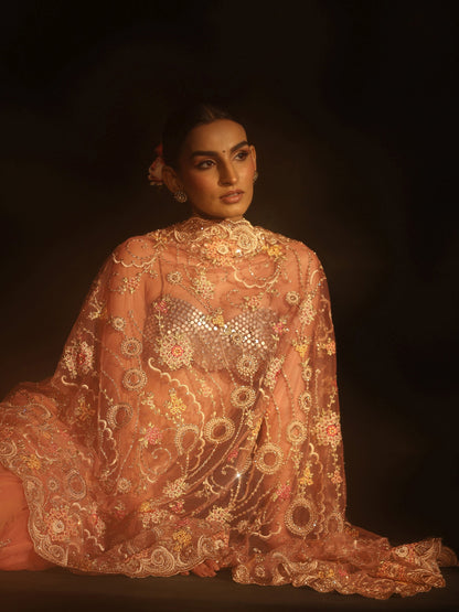 Libas Peach Floral Embroidered Net Saree