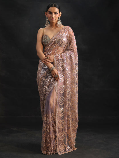Libas Art Lavender Sequinned Rosette Design Net Saree