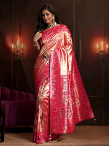 Libas Peach Pink Woven Design Silk Blend Saree