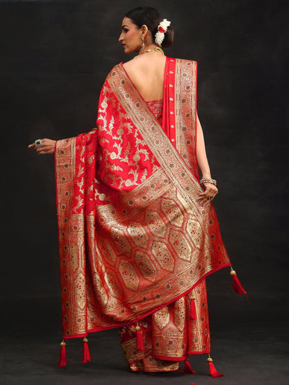 Libas Art Vermillion Red Floral Design Banarasi Silk Blend Saree with Dupatta