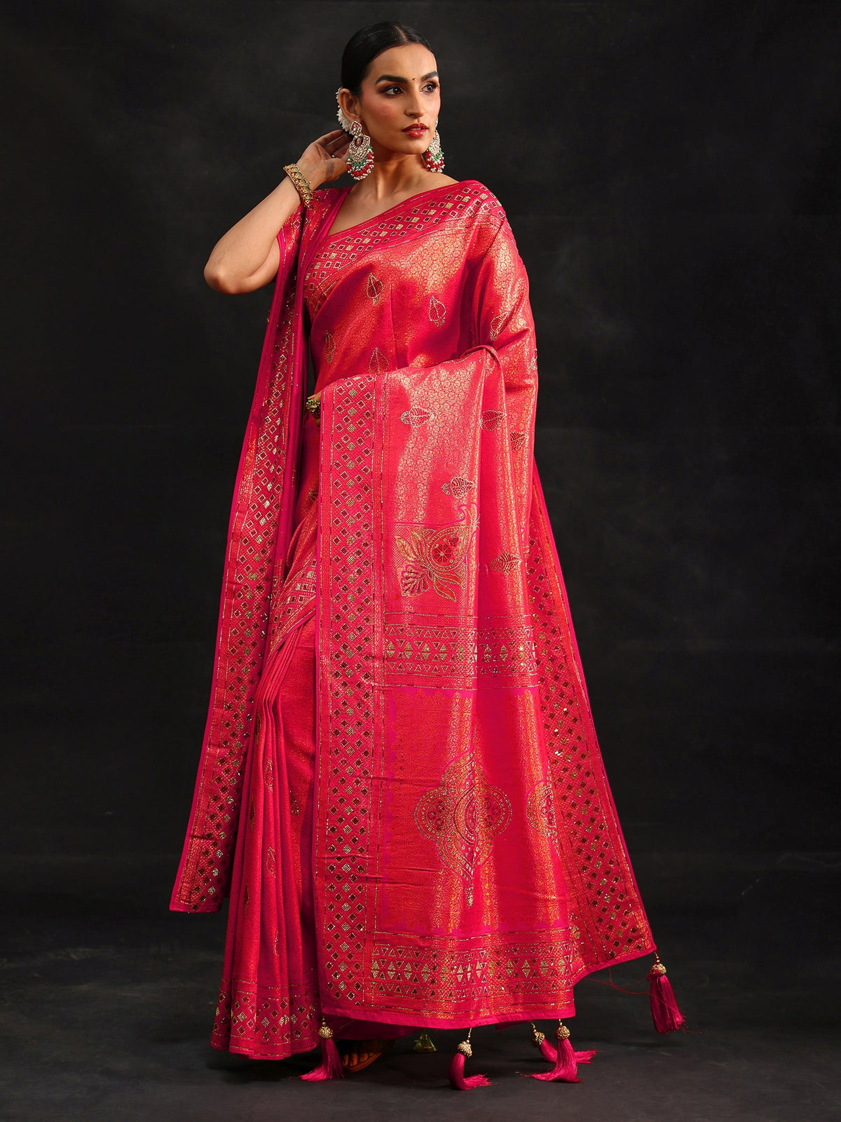 Libas Art Rani Pink Embellished Banarasi Silk Blend Saree with Dupatta