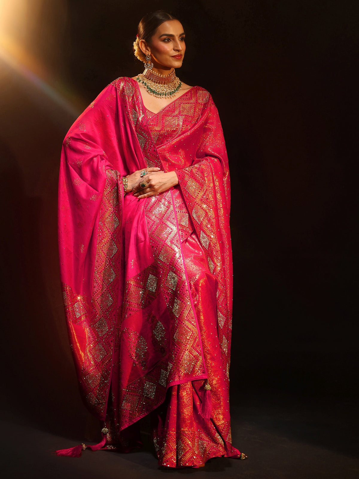 Libas Art Hot Pink Embellished Banarasi Silk Blend Saree with Dupatta