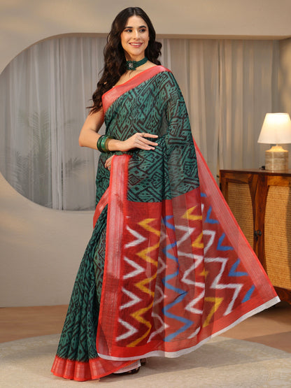 Libas Multi Colour Ikat Style Chevron Printed Cotton Blend Saree